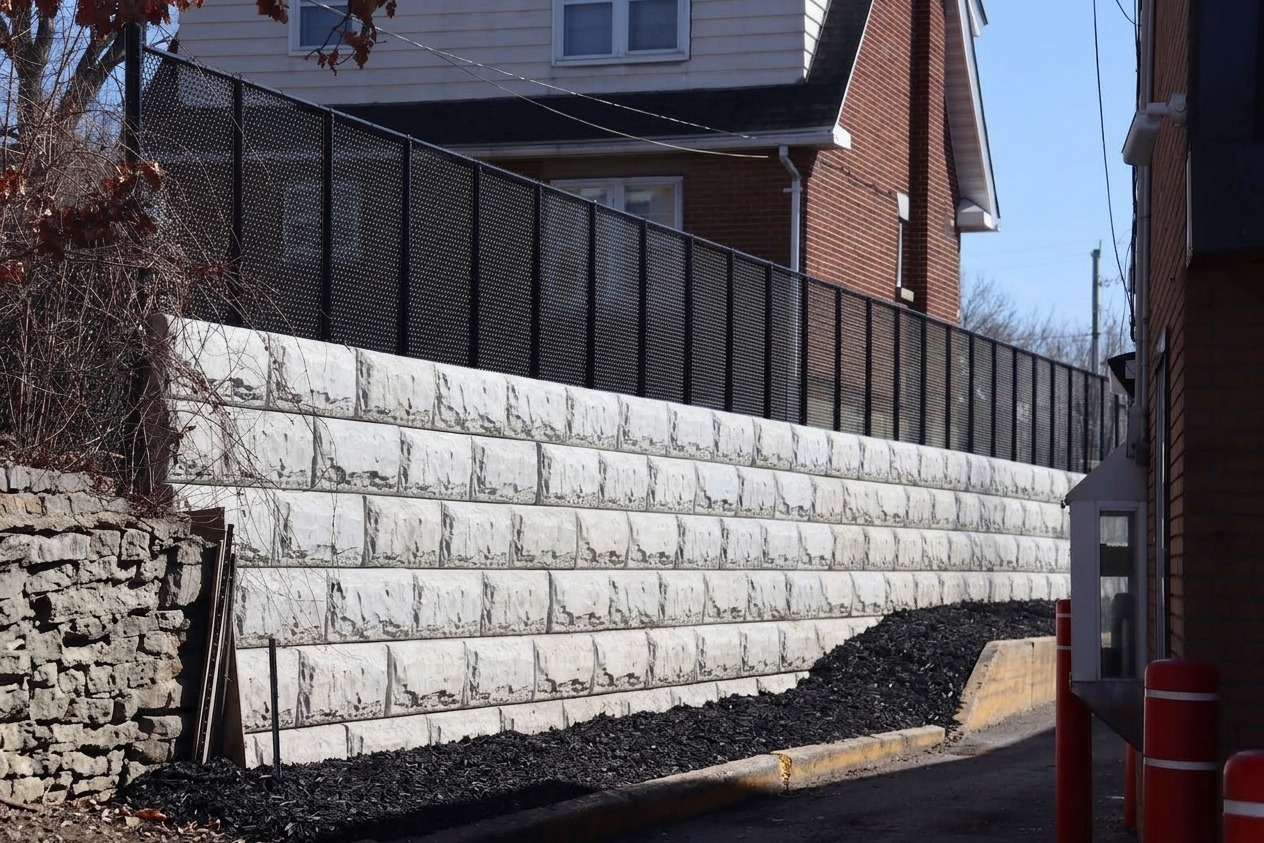 Long grey armour stone retaining wall with black fencing along a property in Cornwall, Ontario