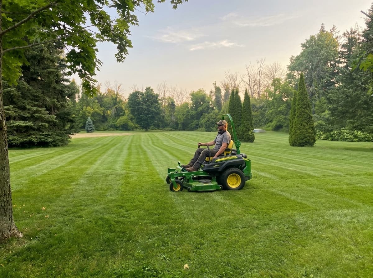 Zero-turn mower on a large striped lawn during weekly lawn care and property maintenance in Cornwall, Ontario