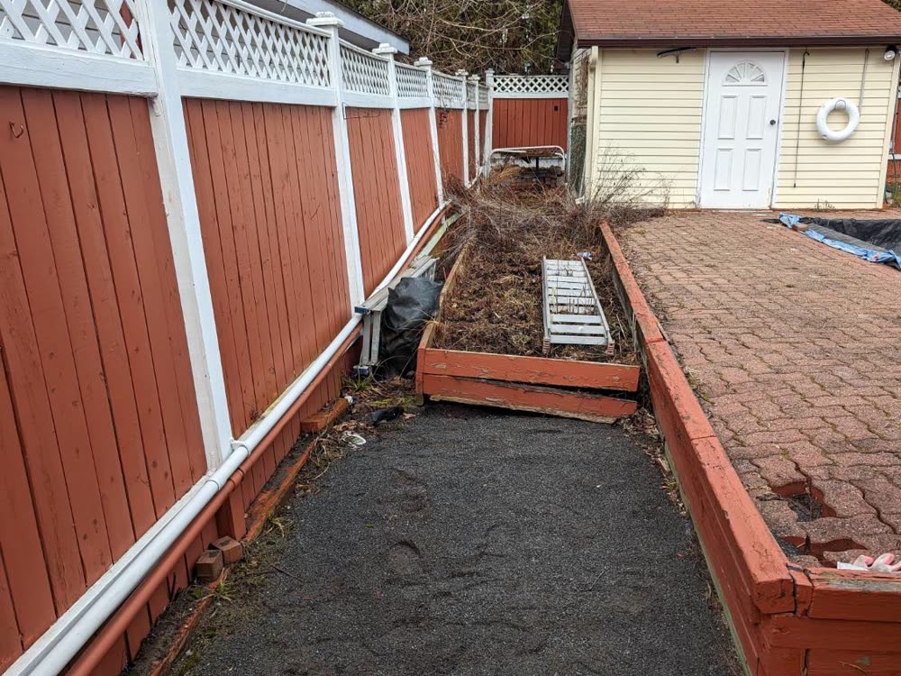 Overgrown side path with rotting timber planter beside the old pool deck