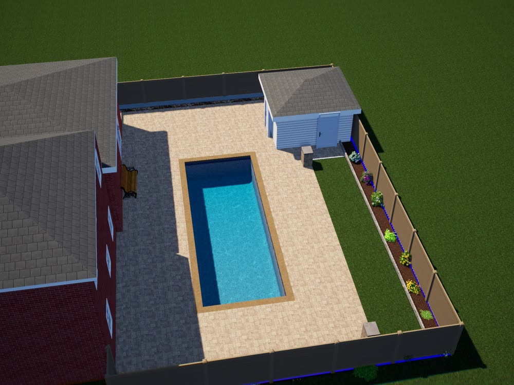 3D design rendering of the new pool deck, walkway and garden bed