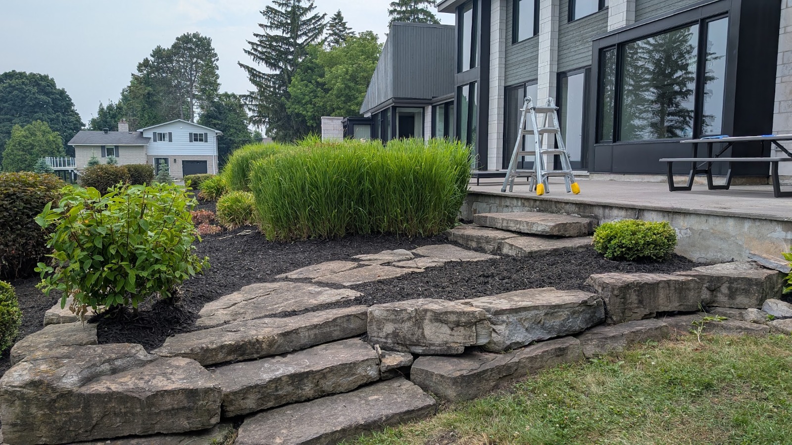 Natural stone steps set into a planted garden slope